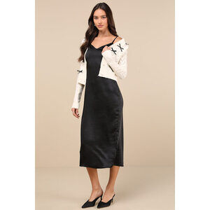Lulus Coquette Coziness Black And Ivory Two-piece Dress & Cardigan Set White